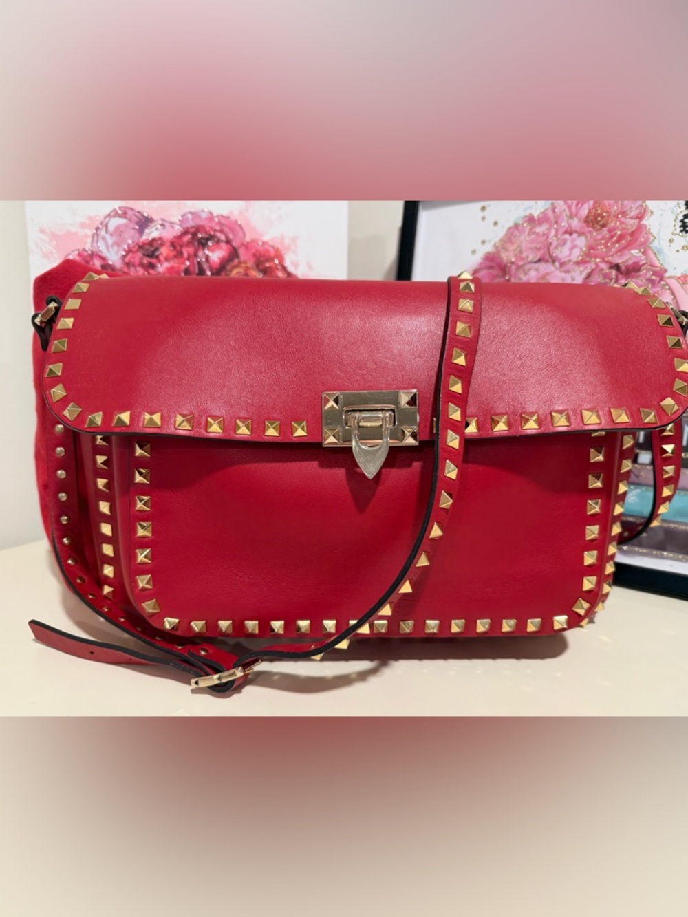 Valentino Garavani Rock Stud Red Leather Crossbody with Gold Studs***Authentic